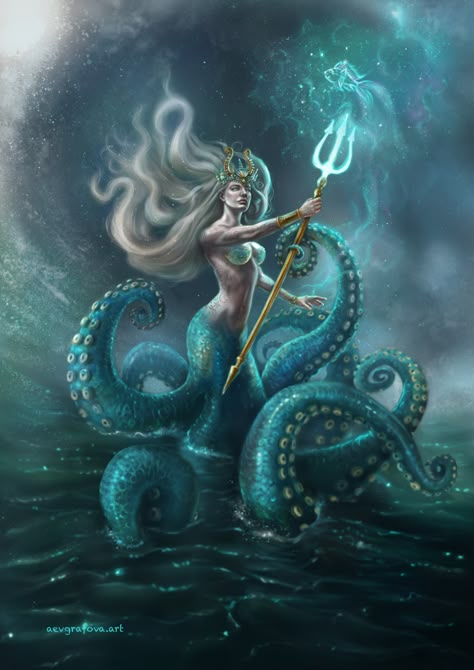 ArtStation - Queen of Seas, Anastasia Evgrafova Octopus Mermaid, Ocean Art Painting, Mermaid Artwork, Mermaids Sirens, Fantasy Mermaids, Mermaid Lagoon, Mermaid Tattoos, Mermaids And Mermen, Sea Witch