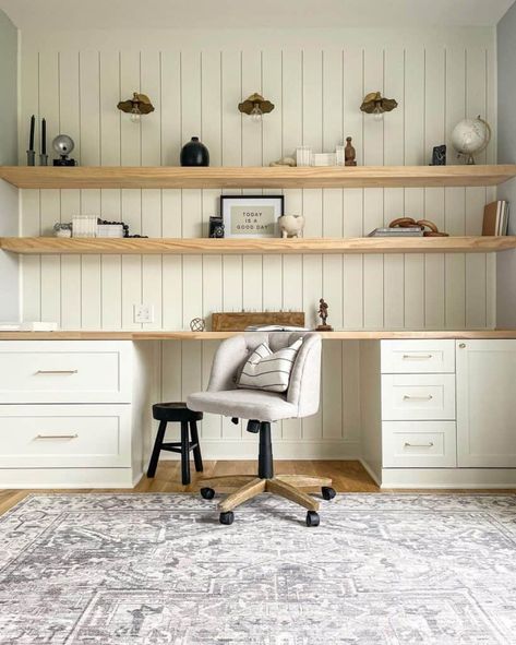 Vertical Shiplap Walls With a Floating Shelf - Soul & Lane Builder Grade Updates, Shelves Above Desk, Built In Desk And Shelves, Farmhouse Reno, Wfh Office, Vertical Shiplap, Warm Wood Flooring, Long Floating Shelves, Black Stool