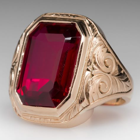 Vintage Created Ruby Bold Mens Ring Sapphire Ring Men, Ruby Mens Ring, Mens Ruby Ring, Mens Gemstone Rings, Ruby Rings, Mens Rings Fashion, Gold Color Ring, Antique Engagement Ring, Men Rings