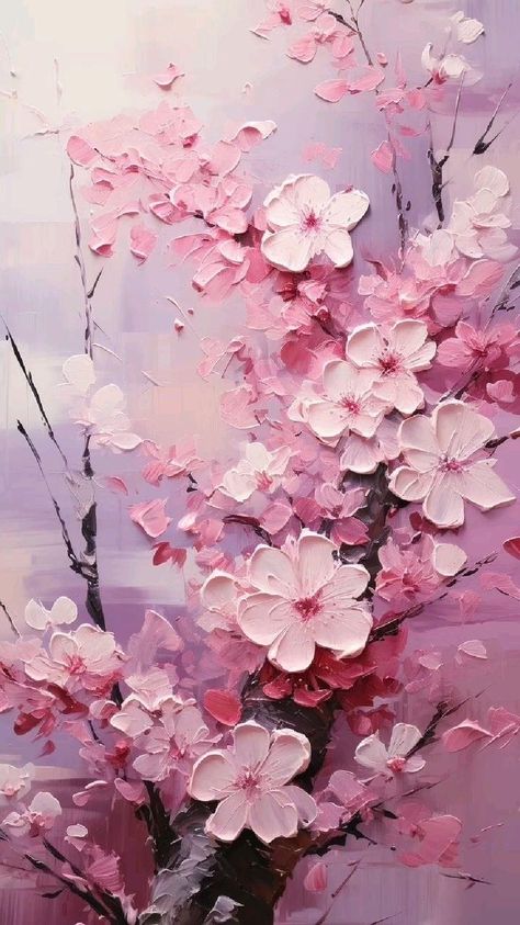 Oil Paint Cherry Blossom, Flower Branches Painting, Cherry Blossoms Paintings, Japanese Cherry Tree Painting, House With Cherry Blossom Tree, Painting Blossom Tree, Pink Blossom Tree Painting, Flower Painting Colorful, Paintings With White Background