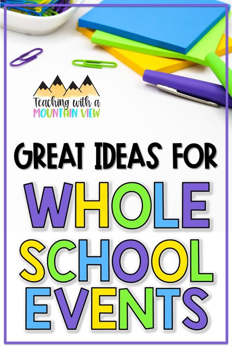 Are you looking for ways to plan events and activities that include your whole school community? Take a peek at my favorite events for students, families, staff, and the larger school community as a whole! These events go beyond a typical movie/pizza party and are sure to be a hit with your whole school! Student Council Ideas For Elementary School, Family School Night Ideas, Whole School Event Ideas, Fun School Wide Activities, School Year Activities, Build School Community, School Meet And Greet Ideas, Events To Do At School, Whole School Assembly Games