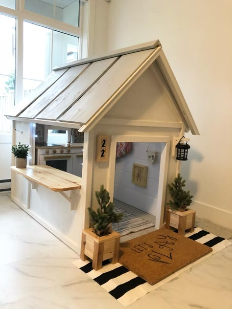 Life Size Play House Kids, Playhouse Indoor Diy, Play Houses Indoor, Playroom Playhouse Diy, Indoor Wood Playhouse, Built In Playhouse Basement, Playhouse Storage Ideas, Play House Ideas Indoor, Build Indoor Playhouse