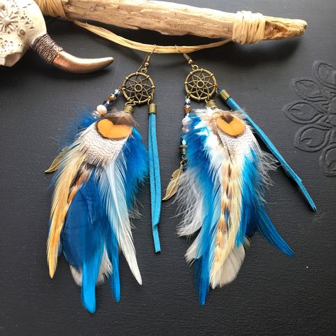 Rooster Feathers, Dream Catcher Earrings, Blue Feather, Feather Jewelry, Boho Hippie, Blue Suede, Ethnic Jewelry, Feather Earrings, Fun Earrings