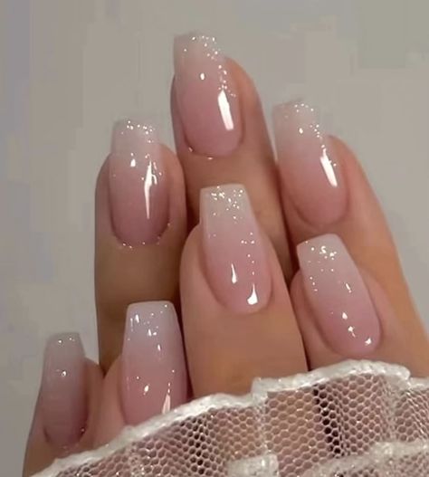 Faded French Tip With Sparkle, Ombre Nail With Gems, Glittery Pink Ombre Nails, Baby Pink Nails Christmas, Ombre Nails With Sparkle, Ombre Sparkly Nails, Baby Pink Nails Square, Glitter Baby Boomer Nails, Baby Boomer Nails Glitter