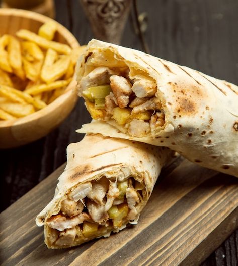 Chicken durum, shaurma with lavash and f... | Free Photo #Freepik #freephoto #shaurma #chicken-shawarma #chicken-doner #wrap Eat Aesthetic, Healthy Yummy Food, Chicken Quesadilla Recipe, Tacos Dorados, Shawarma Recipe, Quesadilla Recipe, Doner Kebab, Halal Food, Fav Food