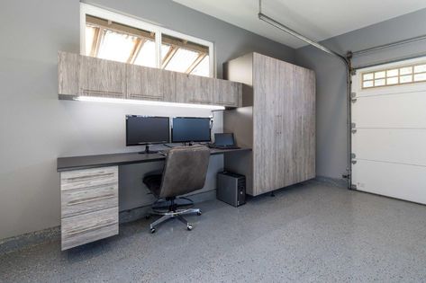 Desk In Garage, Garage Office Combo, Garage Office Space Ideas, Office Desk In Garage, Home Office In Garage Ideas, Garage Makeover Office, Home Office Garage Ideas, Garage Gym And Office, Home Garage Office