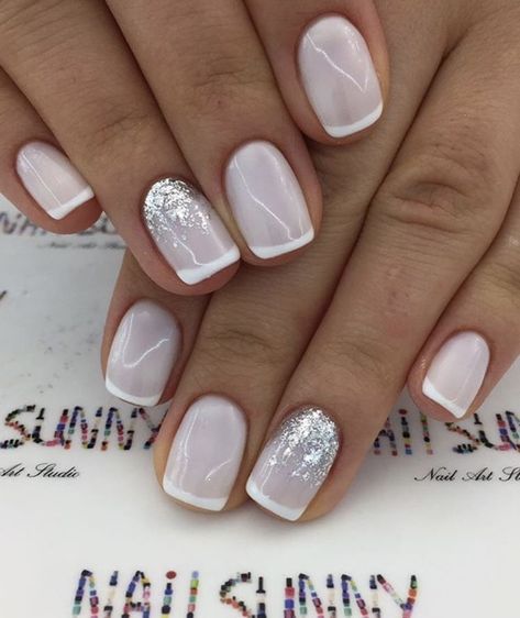 French Tip Bride Nails, White Tip Gel Nails Short, Elegant Wedding Nails For Bride White French Tip, Off White French Tip Nails, White On White French Manicure, Bridal Nails Short, Nails Cotton Candy, Nails For Wedding Guest, French Manicure With Glitter