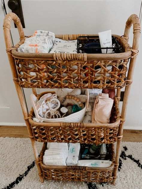 Nursery Diaper Storage, 3 Tier Basket Stand Ideas, Nursery Basket Storage, Rattan Storage, Rattan Nursery, Rattan Storage Baskets, Wicker Nursery, Changing Table Basket, Rattan Nursery Decor