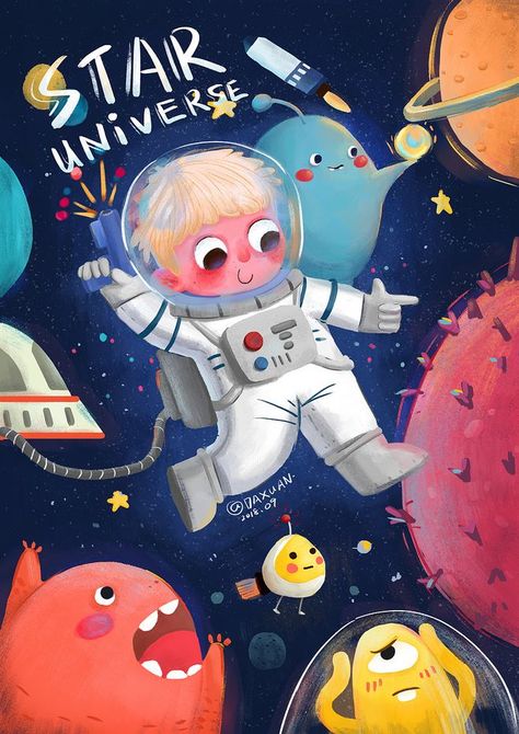 Children’s Illustration Art, Cute Space Illustration, Space Illustration Kids, Space Illustration Art, Planets Illustration, Ideas For Illustration, Childrens Book Characters, Astronaut Illustration, Story Books Illustrations