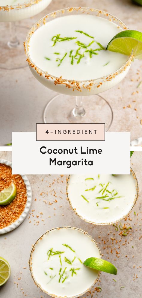 Incredible 4-ingredient coconut margarita made perfectly sweet, tart, and creamy with fresh lime juice and coconut milk. Top your glass with toasted shredded coconut for an extra tropical flavor, and enjoy this fun twist on a classic margarita recipe! The best cocktail for the beach, pool, or patio hangouts. Coconut Lime Margarita, Coconut Margarita Recipe, Coconut Milk Cocktail, Coconut Milk Drink, Margarita Cocktails, Classic Margarita Recipe, Coconut Margarita, Margarita Ingredients, Lime Margarita