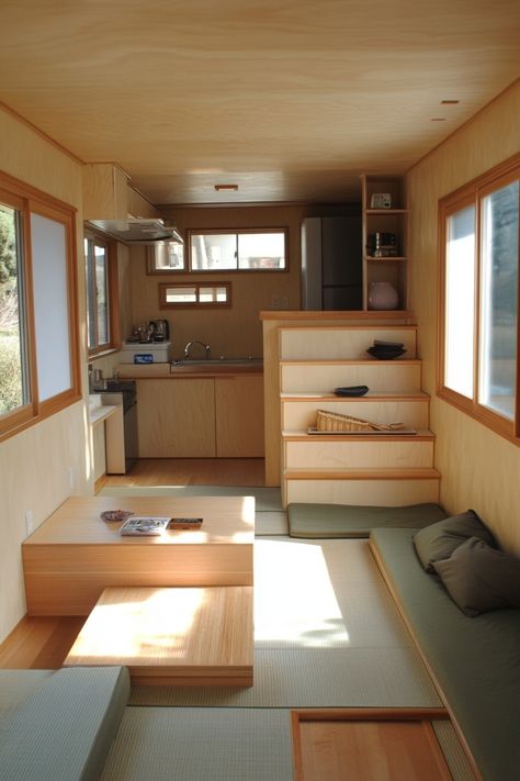 45 Japandi-Style Tiny House Concepts - TastyInteriors Tiny Spaces Apartments, Japanese Apartment Layout, Japanese Home Layout, Tiny Japanese Apartment, Japanese Inspired Living Room, Japanese Style Tiny House, Japanese Tiny House, Japanese Small House, Japanese Apartment