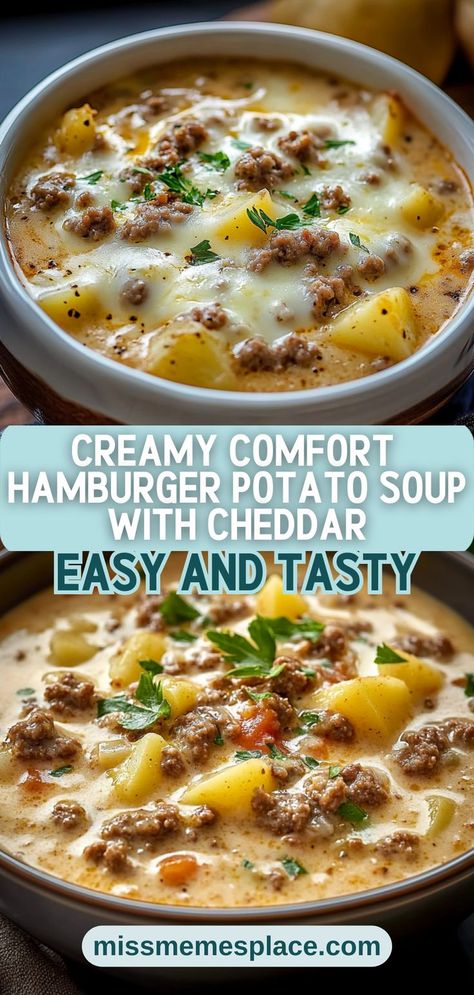 Dive into the Creamy Comfort of this Hamburger Potato Soup with Cheddar! This recipe highlights the delicious balance of tender potatoes and savory ground beef swimming in a rich, cheesy broth. Perfect for busy weeknights, this soup comes together quickly and easily while satisfying every craving. Pair it with crusty bread for the ultimate meal that warms both body and soul. Serve it at your next family gathering, and watch everyone reach for seconds—it's that good! 1 Pot Soup Easy Recipes, Creamy Cheeseburger Potato Soup, Cheeseburger And Potato Soup, Crockpot Soup With Hamburger Meat, Ground Beef Soups And Casseroles, The Best Ham And Potato Soup, Creamy Beef And Potato Soup, Cheesy Hamburger Soup Recipe, Loaded Hamburger Soup