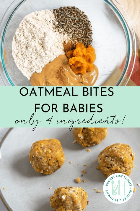 These oatmeal bites for baby are easy, free of added sugars and a good on-the-go snack! #oatmealbitesforbabies #babyoatmealbites #babyenergyballs Easy Snacks For 10 Month Old, Baby Snack Ideas 1 Year, Daycare Food For 10 Month Old, Homemade Snacks For 10 Month Old, Recipes With Baby Oatmeal Cereal, Baby Solids Recipes, Blw Travel Food, Recipes Using Baby Oatmeal Cereal, Infant Snack Ideas