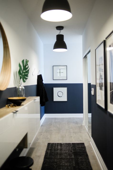 Condo Entryway, Small Condo Decorating, Painted Hallway, Navy Bedroom, Half Painted Walls, Blue Hallway, Two Tone Walls, Hallway Paint, Hallway Colours