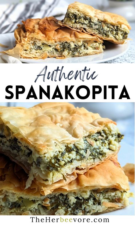 This authentic spanakopita recipe is flaky and flavorful, with layers of spinach, leeks, herbs, and phyllo dough. A fantastic classic Greek recipe that makes a great dinner or holiday meal. Spanokita Recipe Greek, Spanicopita Recipe, Greek Brunch, Greek Spinach Pie Spanakopita, Husband Lunches, Easy Spanakopita, Beautiful Pastries, Spanakopita Recipe, Greek Spinach