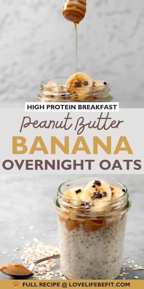 Image of a peanut butter banana overnight oats recipe Chia Seed Recipes Breakfast, Chia Seeds Recipe, Banana Overnight Oats Recipe, Peanut Butter Banana Recipes, Peanut Butter Banana Overnight Oats, Peanut Butter Banana Oats, Healthy Banana Recipes, Fast Healthy Snacks, Overnight Oats With Yogurt