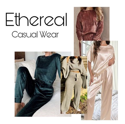 Casual/ athleisure inspiration for the Ethereal Essence. Soft Dramatic With Ethereal Essence, Ethereal Essence Style Casual, Angelic Essence Outfit, Angelic Essence Style Casual, Ethereal Classic Style, Modern Ethereal Outfits, Ethereal Athleisure, Ethereal Ingenue Style, Ethereal Aesthetic Outfits Casual