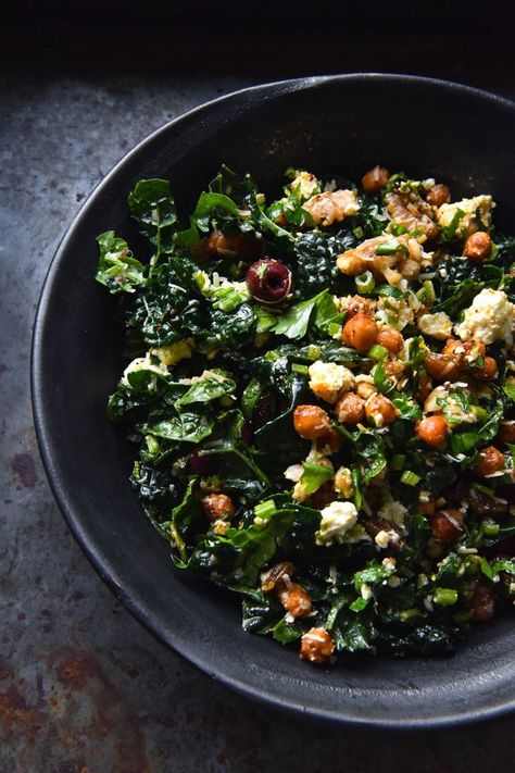 Kale, feta and crispy chickpea salad - George Eats Kale Feta Salad, Crispy Chickpea Salad, Kale Chickpea Salad, Chickpea Kale Salad, Chickpea Feta Salad, Kale Feta, Crispy Chickpea, Salad With Cucumber, Kale Recipe