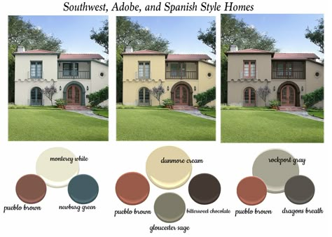 Southwest, Adobe, Spanish Style - combo schemes by The Decorologist Stucco Homes Exterior Colors Farmhouse, Spanish Style Homes Exterior Paint Color, Exterior House Colors Spanish Style, Pueblo Style Homes Exterior, Spanish Style Home Paint Colors, Spanish Style Home Color Palette, Southwest Exterior House Colors, Spanish Style Homes Exterior Curb Appeal, Spanish Style Exterior Paint Colors