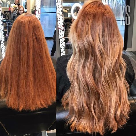 Baylage On Red Hair, Natural Red Hair Ideas Highlights, Natural Ginger Hair With Blonde Balayage, Ginger To Strawberry Blonde, Red To Strawberry Blonde Balayage, Balayage Ginger Blonde, Redhead With Balayage, Long Strawberry Blonde Hair Balayage, Natural Highlights For Red Hair