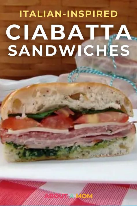 Easy and delicious Italian ciabatta sandwiches: ideal for a picnic lunch. Pesto, salami, ham, and more in every bite! Pesto Salami Sandwich, Sandwiches On Ciabatta Bread, Ciabatta Sandwich Recipes, Ciabatta Sandwiches, Homemade Bolognese Sauce, Salami Sandwich, Homemade Bolognese, Pea Pesto, Picnic Recipes