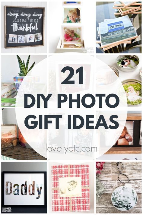 These 21 DIY photo gifts include photo magnets, DIY photo canvases, photo displays, and all kinds of other creative photo gifts for everyone on your list. Find easy, meaningful photo gift ideas for even the most difficult people to buy presents for. Diy With Pictures Gift Ideas, Photo Memory Ideas Gift, Ideas With Photos Gift, How To Make A Photo Collage On Canvas, Gifts Made From Photos, Photo Keepsake Ideas Diy, Cricut Photography Projects, Giving Photos As Gifts, Gifts Using Pictures