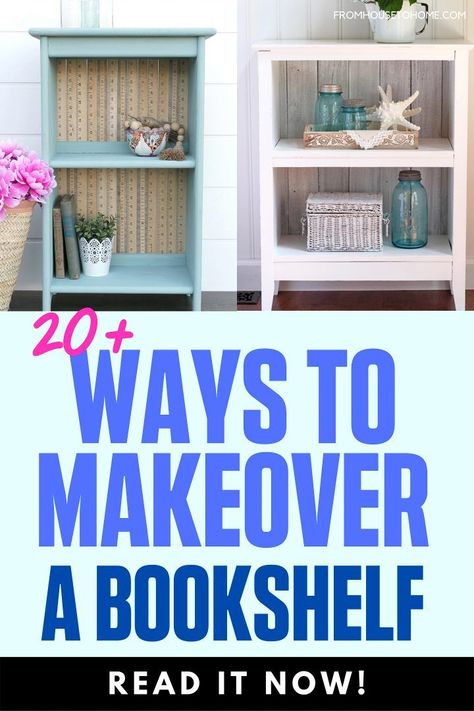 Try these easy DIY bookshelf makeovers to update an old, ugly bookcase or modernize a builtin. Find ideas for painting bookshelves, learn how to cover the back and see how to add some custom details that will make your bookcases look custom made. #fromhousetohome #diy #home #decor #diydecorating #furniture Bookshelf Makeover Diy, Diy Bookshelf Makeover, Easy Diy Bookshelf, Build Your Own Shelves, Shelf Makeover, Bookshelf Makeover, Bookcase Makeover, Painting Bookcase, Old Bookshelves