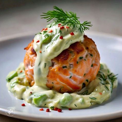 Recipe of baked salmon meatball withcreamy avacado sauce Salmon Meatballs Recipes, Salmon Meatballs, Recipe For Salmon, Creamy Avocado Sauce, Salmon Fillet, Avocado Sauce, Squeezed Lemon, Chicken Steak, Ripe Avocado