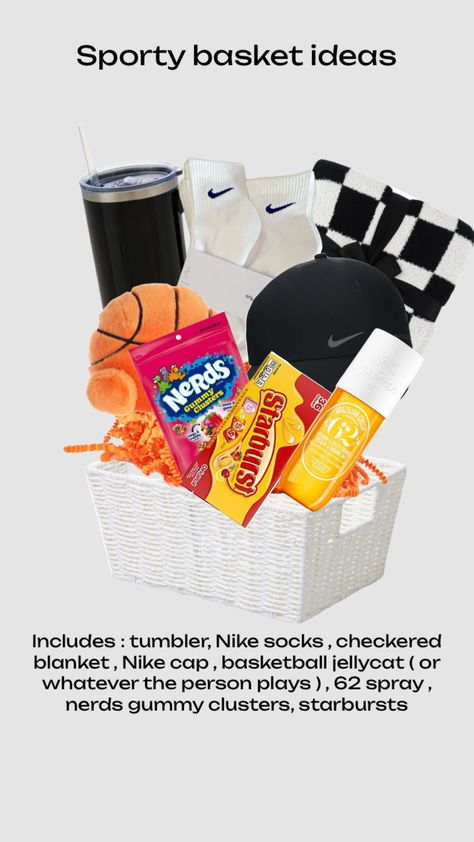 Sporty basket ideas Basketball Basket Gift Ideas, Basketball Basket, Nike Cap, Nike Socks, Basketball Gifts, Xmas Ideas, Gift Table, Basket Ideas, Sports Theme