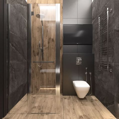 wooden-floor-black-tiled-wall-bathroom-designs-for-small-spaces-large-shower-head-toilet-bowl تصميم دورة مياه, Modular Bathrooms, Top Bathroom Design, Bathroom Interior Design Modern, Beautiful Bathroom Designs, Bathroom Inspiration Decor, Bathroom Design Luxury, Stylish Bathroom, Bathroom Layout