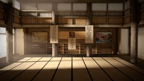 Dojo weapons wall and signs Japanese Dojo, Dojo Design, Dojo Ideas, Karate Dojo, Japanese Home Design, Chinese Interior, Asian Decor, Japanese Interior, Japanese Architecture