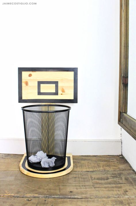 A DIY tutorial to build a wood basketball hoop trash can holder. Make clean up fun and add sports themed decor with free plans for a basketball backboard. Diy Basketball Hoop, Diy Basketball, Cleaning Fun, Cool Room Decor, Dekor Diy, Easy Wood Projects, Free Plans, Basketball Hoop, Room Makeover Inspiration