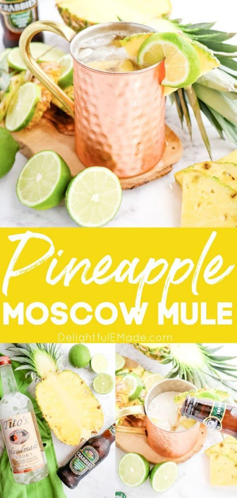 Wondering how to make a Moscow Mule cocktail? It’s actually quite simple! All you need for this fresh, delicious homemade Pineapple Moscow Mule is 5 easy ingredients. Pour into a frosty copper mug, and you’ll have an amazing cold cocktail! || Delightful E Made Pineapple Mule Recipe, Spring Moscow Mule Recipe, Mules Cocktail Recipes, Easter Mule Cocktail, Virgin Moscow Mule Recipe, Summer Mules Cocktail Recipes, Pineapple Mule Drink Recipes, Caribbean Mule Recipe, Pineapple Moscow Mule Recipe