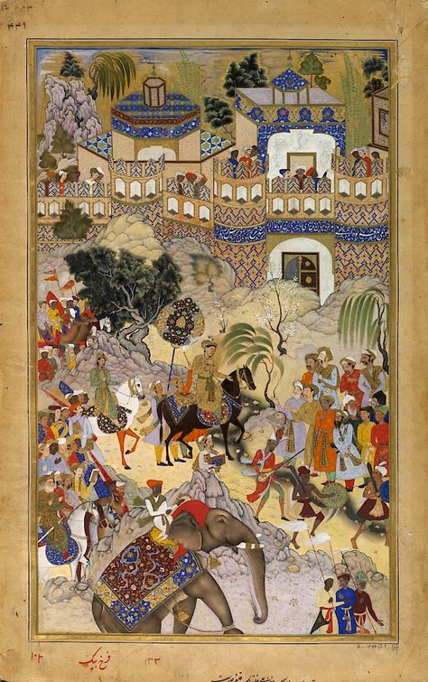 Akbar's Triumphal Entry into Surat Akbarnama  Farrukh Beg, 1595 Bahadur Shah Zafar, Arabic Painting, Triumphal Entry, Mughal Miniature Paintings, Mughal Miniature, Mughal Emperor, Asian Sculptures, Mughal Art Paintings, Indian Miniature