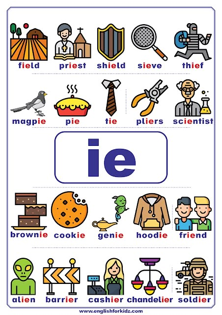 ie words phonics Ie Phonics Worksheets, Ie Words Worksheet, Dipthongs Worksheets Free Printable, Ie Words Phonics, Vowel Teams Poster, Phonics Sounds Chart, Phonics Chart, Teach English To Kids, Team Poster