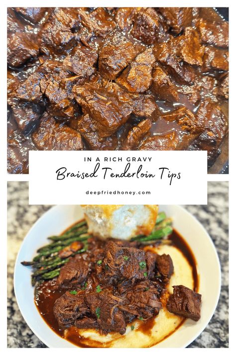 Braised Steak Tips, Prom Tenderloin Recipes, Braised Beef Tips Recipes, Crock Pot Beef Tenderloin Recipes, Tenderloin Tips Recipe Crockpot, Beef Tenderloin Pieces Recipes, Braised Beef Tenderloin, Beef Tenderloin Soup, Small Beef Tenderloin Recipes