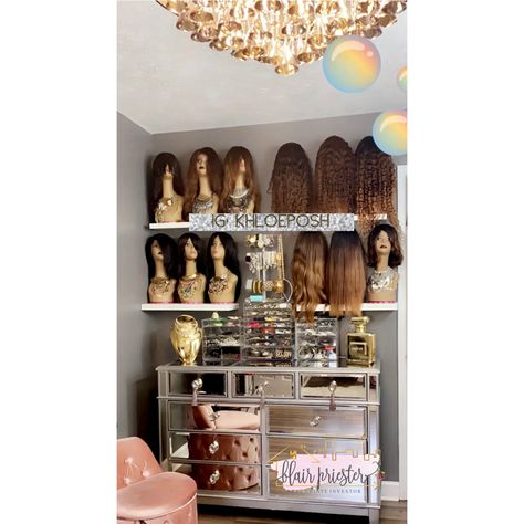 Wig display, glam room, organize, babe cave, wig idea, hair weave display Wig Mannequin Display, Wig Display Wall, Wig Room Ideas At Home, Wig Closet Storage, How To Store Wigs At Home, Wig Studio Ideas, Wig Storage Ideas Closet, Wig Stand Ideas, Wig Storage Ideas At Home