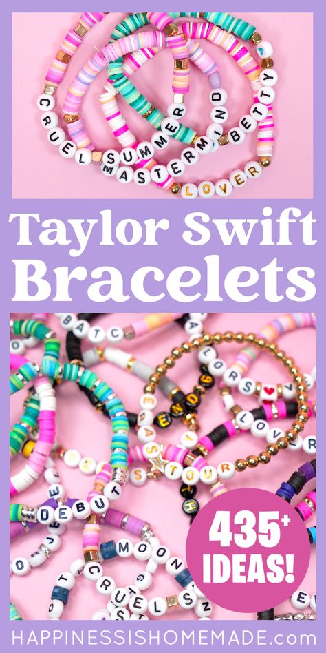 How To Make Clay Bracelets Diy, Ideas For Taylor Swift Bracelets, How To Make A Taylor Swift Bracelet, Glass Bead Friendship Bracelet, Swiftly Bracelet Ideas, Eras Tour Friendship Bracelets Diy, Words To Put On Clay Bead Bracelets, Friendship Bracelet Tips, Diy Taylor Swift Bracelet