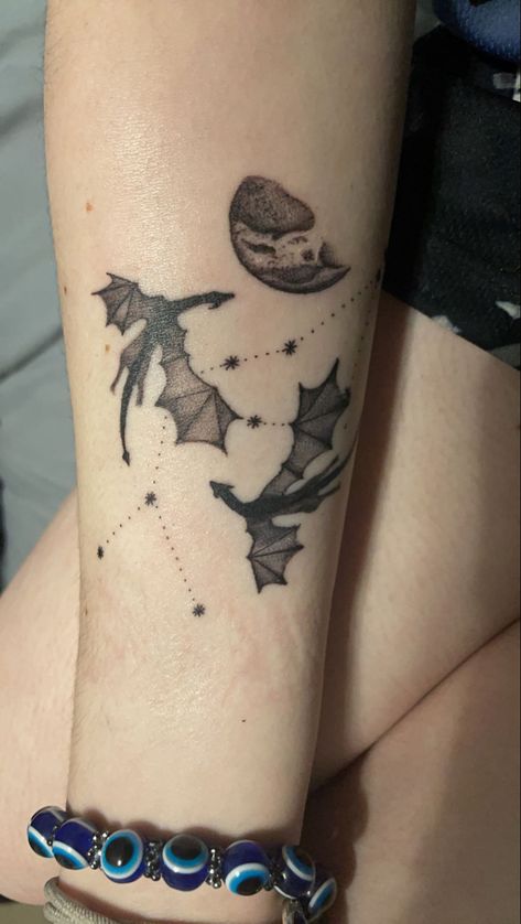 Dragon And Moon Tattoo For Women, Star Dragon Tattoo, Dragon Prince Tattoo Ideas, Dragon With Stars Tattoo, Dragon And Stars Tattoo, Dragon Constellation Tattoo, Celestial Dragon Tattoo, Moon And Dragon Tattoo, Space Dragon Tattoo