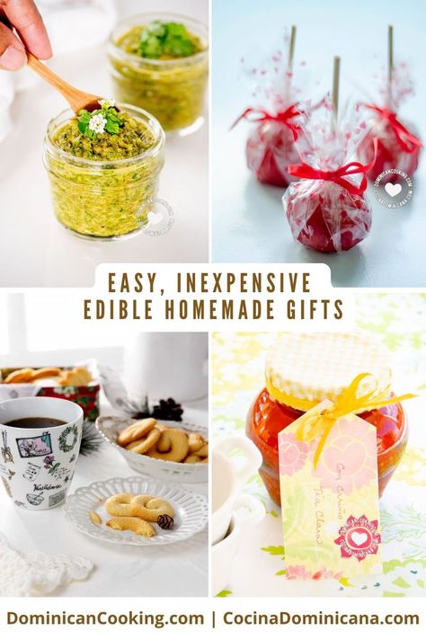 Here are some ideas for inexpensive homemade edible gifts so you can treat your family and friends. From candy and sweet snacks to savory surprises, you'll love these DIY food gifts for your foodie friends. Diy Food Gift Ideas, Home Made Food Gifts, Homemade Edible Gifts, Savory Food Gifts, Savory Gifts, Edible Gifts Homemade, Handmade Food Gifts, Dominican Cooking, Easy Food Gifts