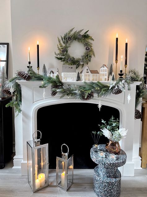 Fireplace Christmas Village, Christmas Mantle Village, Christmas Village On Mantle, Christmas Village Fireplace, Christmas Village Mantle, Christmas Decor Fireplace, Paper Christmas Village, Fireplace Christmas Decor, Architecture Gifts