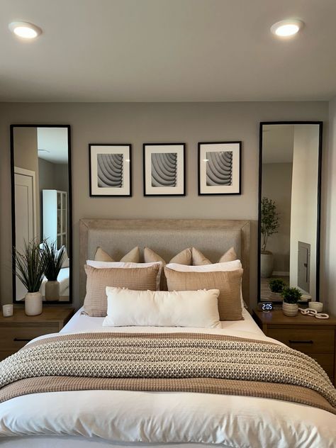 Iamlele.n on LTK Bedroom Sitting Area With Mirror, Mirrors In Master Bed, Long Mirror Behind Nightstand, Organic Modern Bedroom Mirrors, Floor Mirror Behind Nightstand, Bedroom Styles Aesthetic, Bedroom Mirror Above Nightstand, Mirrors On Both Sides Of Bed, Above Nightstand Mirror