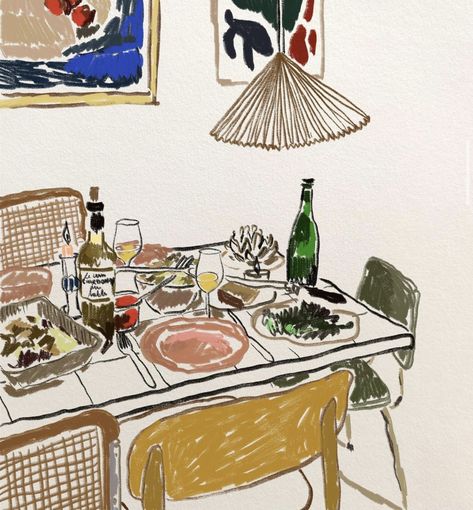 Table With Food Drawing, Dining Table Illustration, Eat Together, Arte Sketchbook, Arte Inspo, Decoration Inspiration, Art And Illustration, Funky Art, 그림 그리기