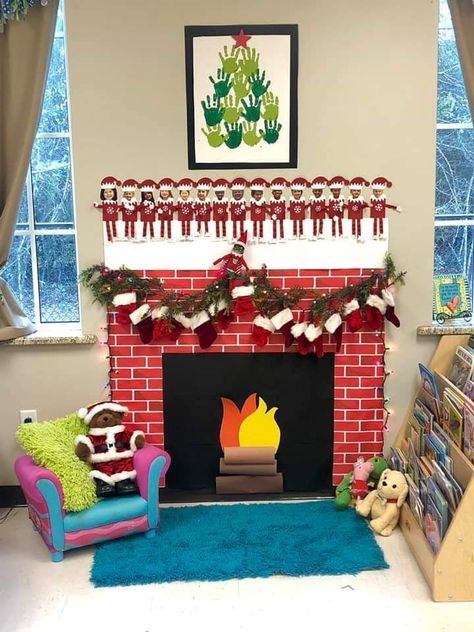 Classroom Fireplace Diy, Fireplace Preschool Classroom, Christmas Daycare Room Ideas, Preschool Christmas Room Decor, Fireplace Kindergarten, Christmas Dramatic Play Toddlers, Classroom Fireplace Ideas, December Dramatic Play Preschool, Paper Fireplace For Classroom