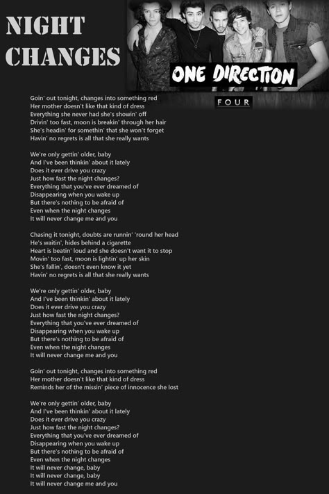 One Direction Night Changes Lyrics, English Song Lyrics Captions, Night Changes Lyrics, One Direction Song Lyrics, Lang Leav Poems, Lyrics Notes, Changes Lyrics, English Songs Lyrics, Free Song Lyrics