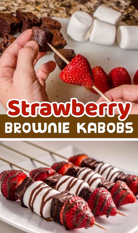 A fun and easy party treat! I love easy desserts that make people go WOW! Strawberry Brownie Kabobs are just that. This quick and easy recipe uses only a few ingredients and there are so many variations too. Perfect for Holidays, themed events, birthday parties, or just because! You could even use store-bought brownies to make them extra lazy. They look beautiful on the dessert table, they hard to resist. The kids loved helping me make these! Everything is better on a stick. Brownie Kabobs, Strawberry Kabobs, Kids Dessert Table, Easy Party Treats, Strawberry Brownie, 1st Birthday Foods, Dessert Kabobs, Finger Desserts, Finger Foods For Kids