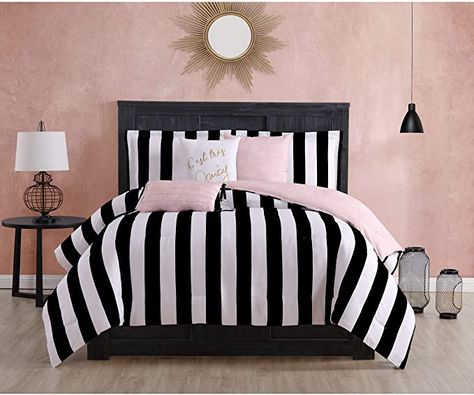 Amazon.com: Juicy Couture Cabana Stripe Reversible Bedding Set - Queen Size - Black and White Stripe Print – 6 Piece Set – Includes 1 90 inch x 90 inch Comforter, 3 Decorative Pillows, 2 Shams : Home & Kitchen Stripe Bedding, Dec Pillows, Reversible Bedding, Apartment Vibes, Bed Comforter Sets, Reversible Comforter, Black Bedroom, Makeover Bedroom, Queen Bedding Sets