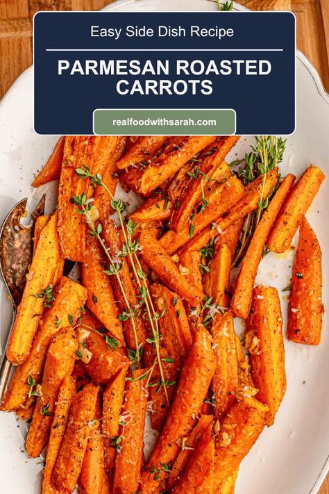 These Parmesan Roasted Carrots are coated in a cheesy parmesan crust. A delicious mix of sweet and salty, transforming a simple vegetable side dish into something more flavorful and satisfying. Carrot Appetizer Recipes, Low Carb Carrots Side Dish, Best Carrot Recipes Side Dishes, Savory Carrots Side Dish, Parmesan Crusted Carrots, Parmesan Carrots Roasted, Savory Carrot Recipes, Savory Roasted Carrots, Roasted Parmesan Carrots