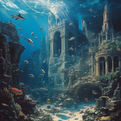 The Mythical Atlantis: A Lost World Beneath the Waves Immerse yourself in the breathtaking beauty of Atlantis, the legendary sunken city. This ethereal underwater realm teems with vibrant marine life and ancient ruins steeped in mystery. Perfect for dreamers, adventurers, and mythology enthusiasts, this visual masterpiece invites you to explore a world forgotten by time. #Atlantis #UnderwaterCity #FantasyArt #LostCity #MythicalWorld #LegendsOfTheDeep #OceanMysteries #SunkenCivilization #Aqu... Atlantis Art Underwater City, Underwater City Fantasy Art, Atlantis Ruins, Aquatic Architecture, Atlantis Underwater, Underwater Temple, Atlantis Aesthetic, Atlantis City, Deep Sea Diver Art