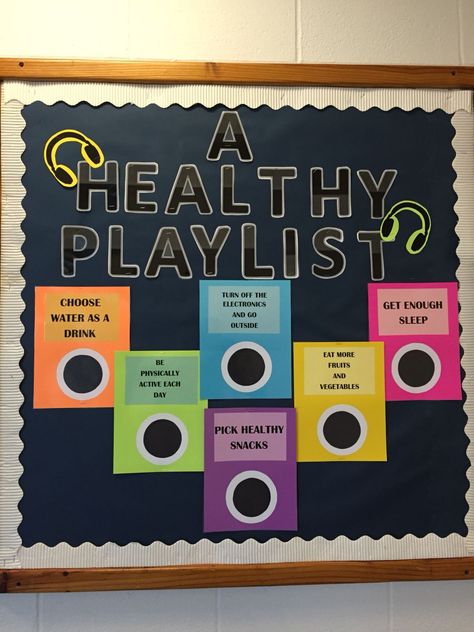 Physical Education bulletin Board #healthyplaylist#PE Active Bulletin Board Ideas, Gym Class Bulletin Board, Education Boards Ideas Nursing, Nutritional Bulletin Board Ideas, Health And Wellness Bulletin Boards College, Health And Pe Bulletin Board, Nurses Board Ideas, Health Related Bulletin Board Ideas, Physical Health Bulletin Board